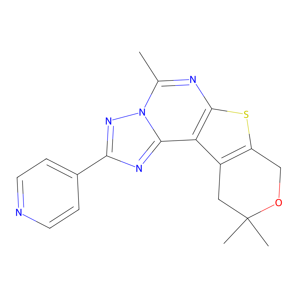 5,10,10-trimethyl-2-(pyridin-4-yl)-10,11-dihydro-8H-pyrano[4',3':4,5]thieno[3,2-e][1,2,4]triazolo[1,5-c]pyrimidine molecular structure, CAS 714202-50-3