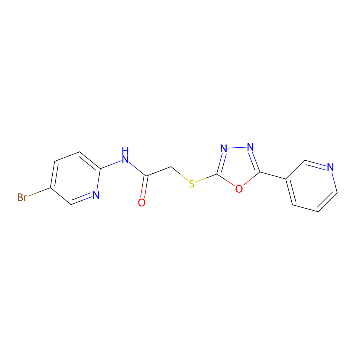 N-(5-bromopyridin-2-yl)-2-[(5-pyridin-3-yl-1,3,4-oxadiazol-2-yl)sulfanyl]acetamide molecular structure, CAS 714204-14-5
