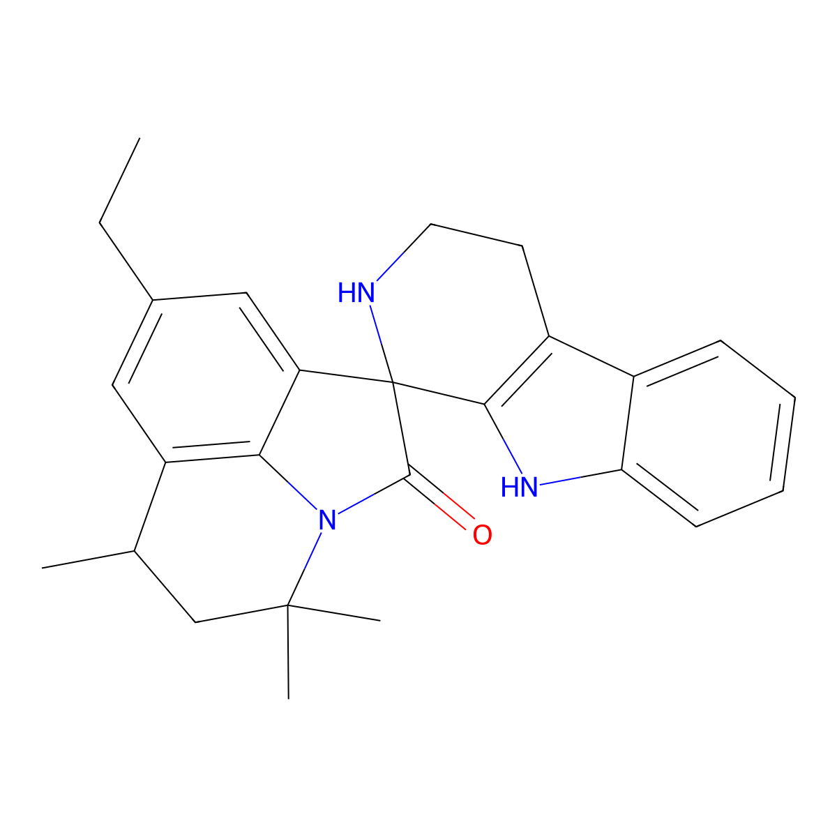8'-ethyl-4',4',6'-trimethyl-2,3,4,5',6',9-hexahydro-4'H-spiro[beta-carboline-1,1'-pyrrolo[3,2,1-ij]quinolin]-2'-one molecular structure, CAS 714206-10-7