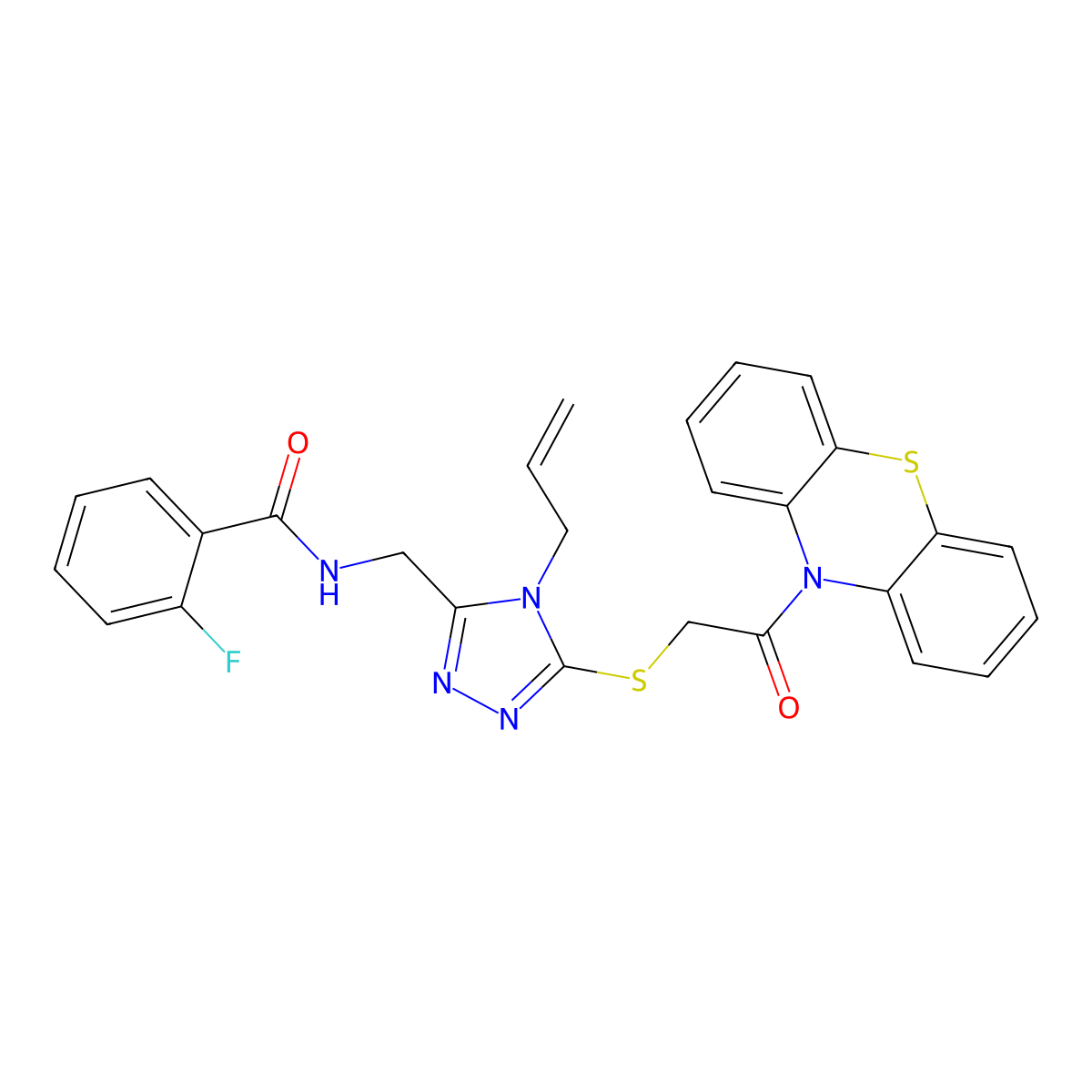 2-fluoro-N-[[5-(2-oxo-2-phenothiazin-10-ylethyl)sulfanyl-4-prop-2-enyl-1,2,4-triazol-3-yl]methyl]benzamide molecular structure, CAS 714208-13-6