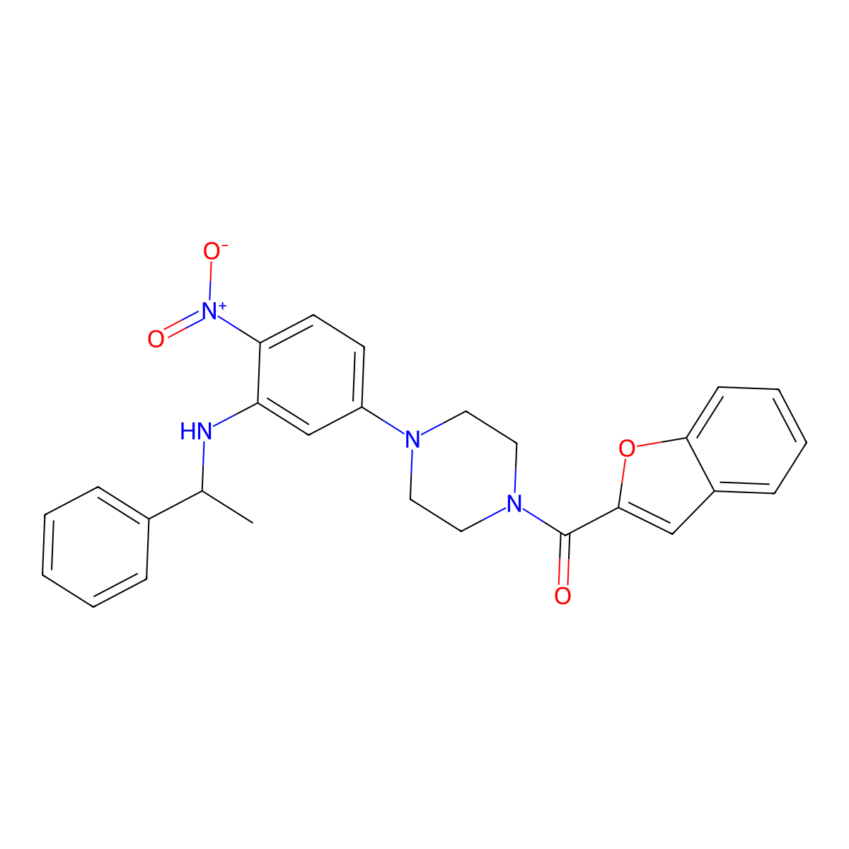 1-Benzofuran-2-yl-[4-[4-nitro-3-(1-phenylethylamino)phenyl]piperazin-1-yl]methanone molecular structure, CAS 714209-61-7