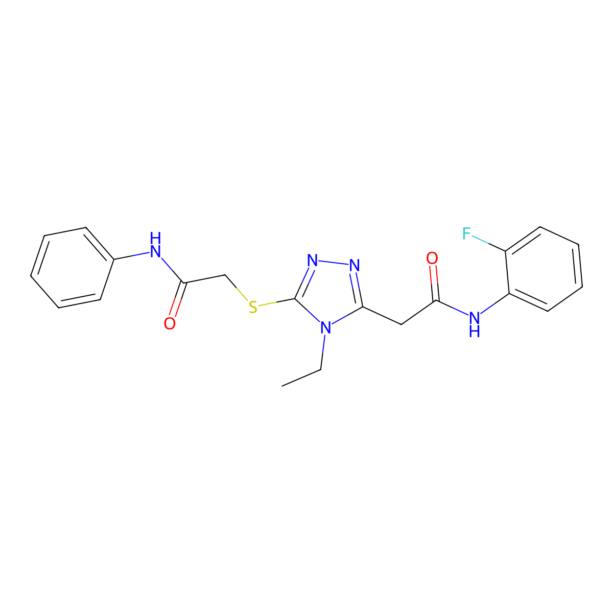 2-[5-(2-anilino-2-oxoethyl)sulfanyl-4-ethyl-1,2,4-triazol-3-yl]-N-(2-fluorophenyl)acetamide molecular structure, CAS 714209-70-8