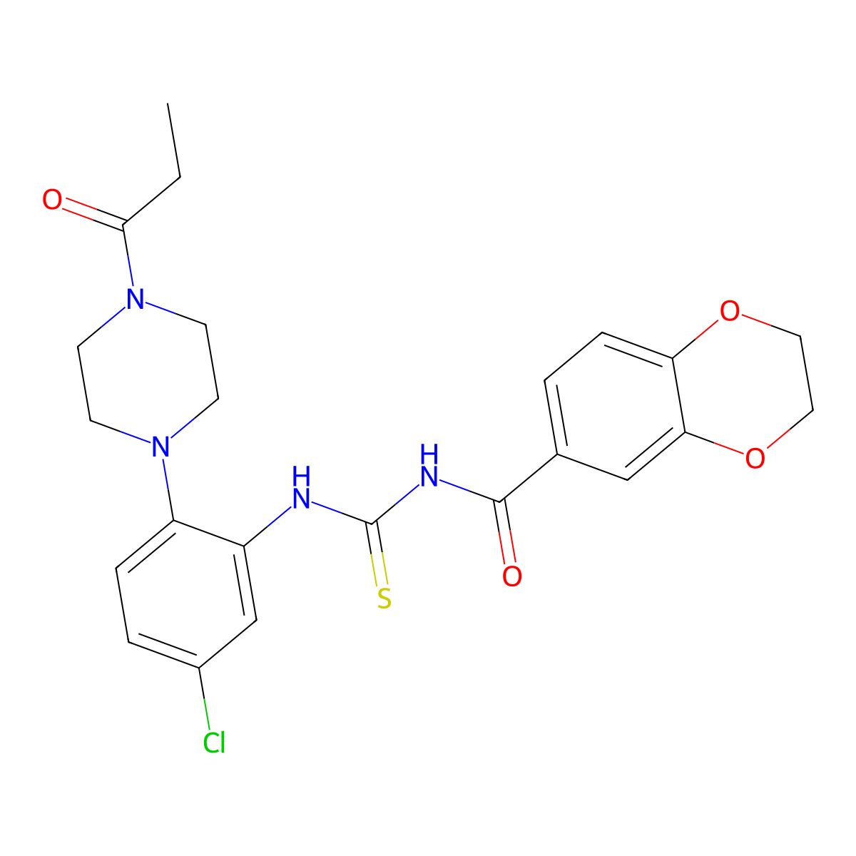 N-[[5-chloro-2-(4-propanoylpiperazin-1-yl)phenyl]carbamothioyl]-2,3-dihydro-1,4-benzodioxine-6-carboxamide molecular structure, CAS 714210-32-9