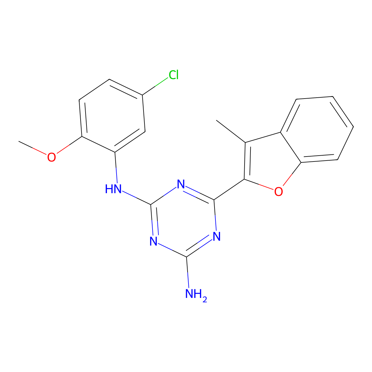 N-[4-amino-6-(3-methyl-1-benzofuran-2-yl)-1,3,5-triazin-2-yl]-N-(5-chloro-2-methoxyphenyl)amine molecular structure, CAS 714210-71-6