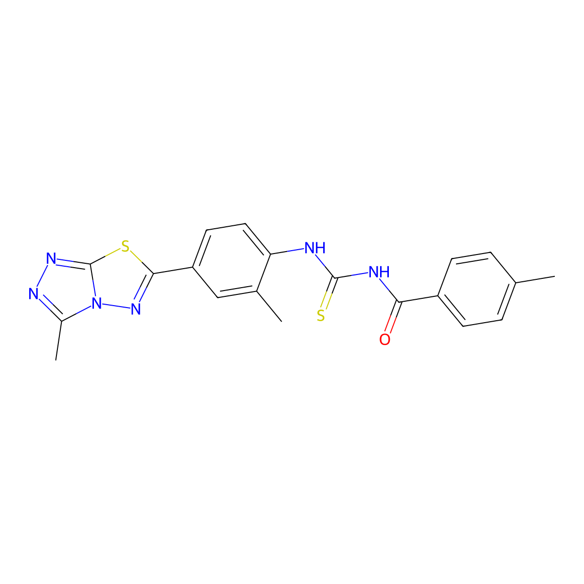 4-methyl-N-[[2-methyl-4-(3-methyl-[1,2,4]triazolo[3,4-b][1,3,4]thiadiazol-6-yl)phenyl]carbamothioyl]benzamide molecular structure, CAS 714211-62-8