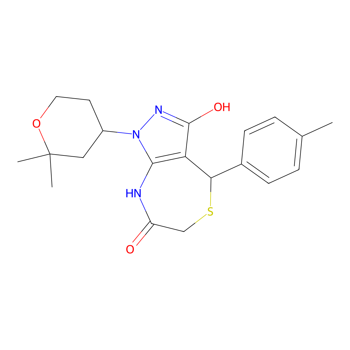 1-(2,2-dimethyltetrahydro-2H-pyran-4-yl)-3-hydroxy-4-(4-methylphenyl)-4,8-dihydro-1H-pyrazolo[3,4-e][1,4]thiazepin-7(6H)-one molecular structure, CAS 714211-88-8