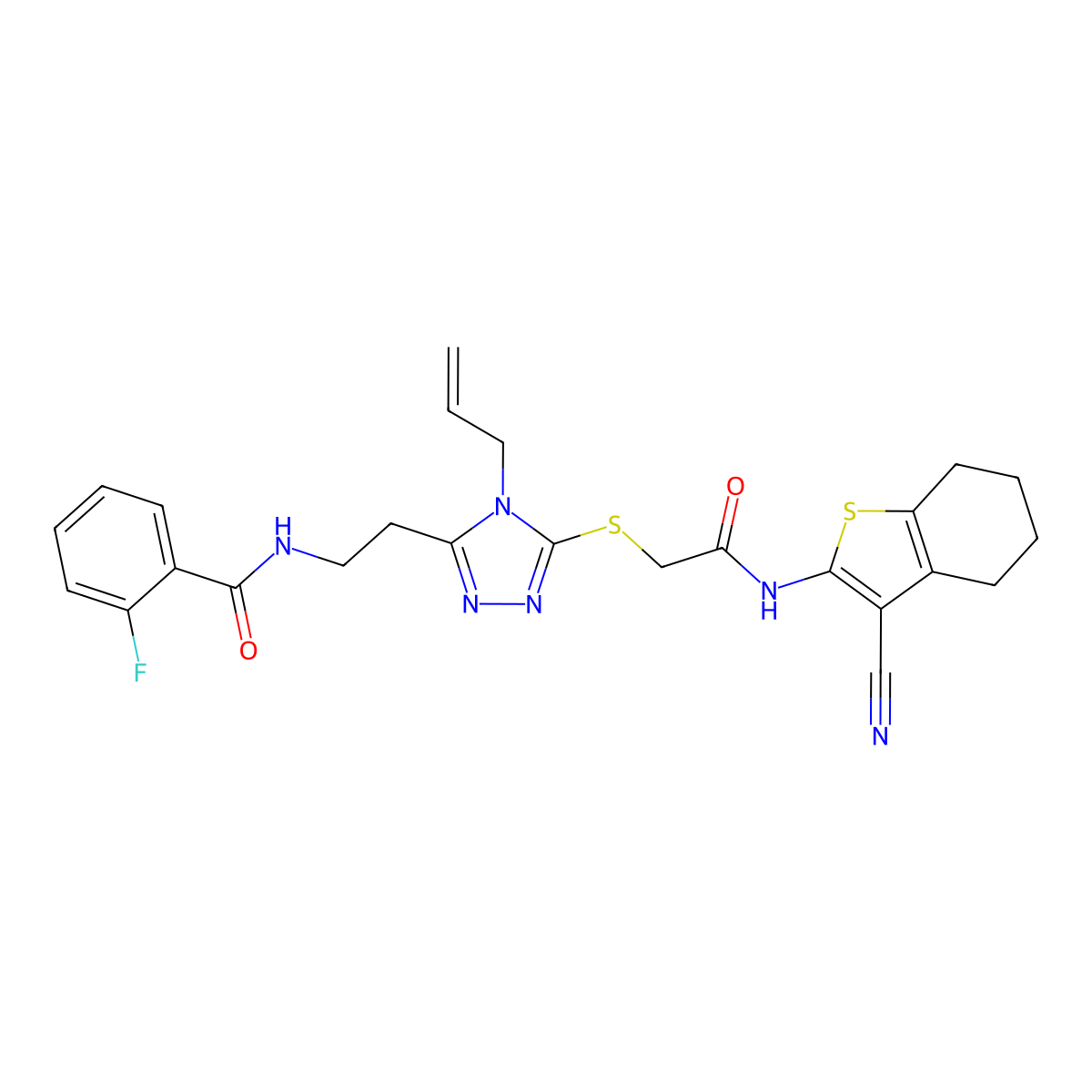 N-[2-[5-[2-[(3-cyano-4,5,6,7-tetrahydro-1-benzothiophen-2-yl)amino]-2-oxoethyl]sulfanyl-4-prop-2-enyl-1,2,4-triazol-3-yl]ethyl]-2-fluorobenzamide molecular structure, CAS 714213-37-3