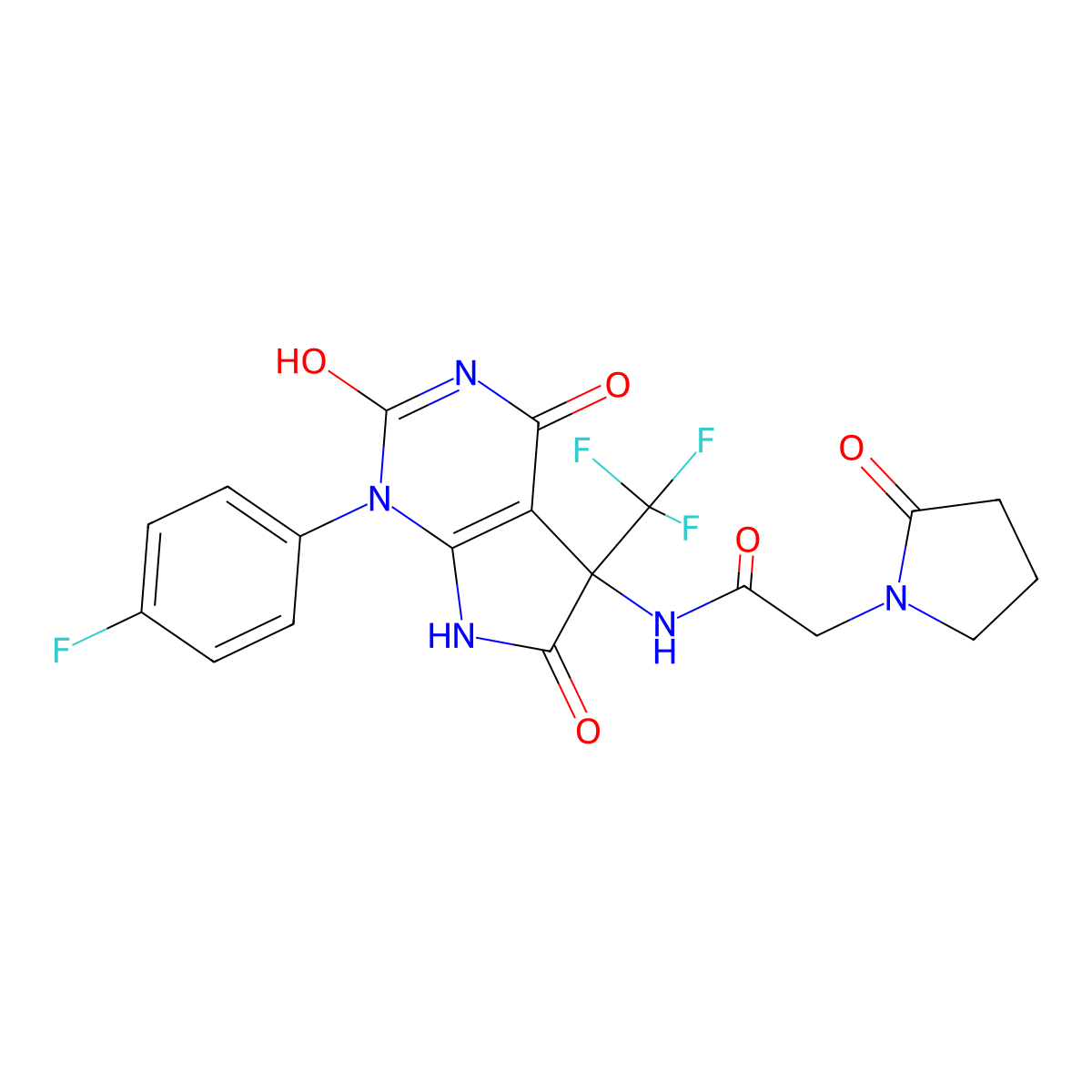 N-[1-(4-fluorophenyl)-2,4,6-trioxo-5-(trifluoromethyl)-7H-pyrrolo[2,3-d]pyrimidin-5-yl]-2-(2-oxopyrrolidin-1-yl)acetamide molecular structure, CAS 714214-14-9