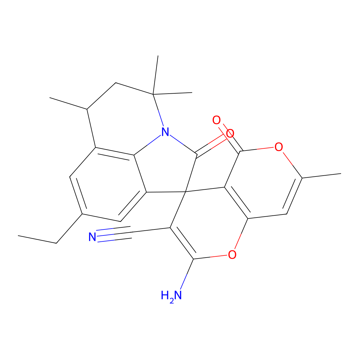 2-amino-8'-ethyl-4',4',6',7-tetramethyl-2',5-dioxo-5',6'-dihydro-4'H,5H-spiro[pyrano[4,3-b]pyran-4,1'-pyrrolo[3,2,1-ij]quinoline]-3-carbonitrile molecular structure, CAS 714214-48-9