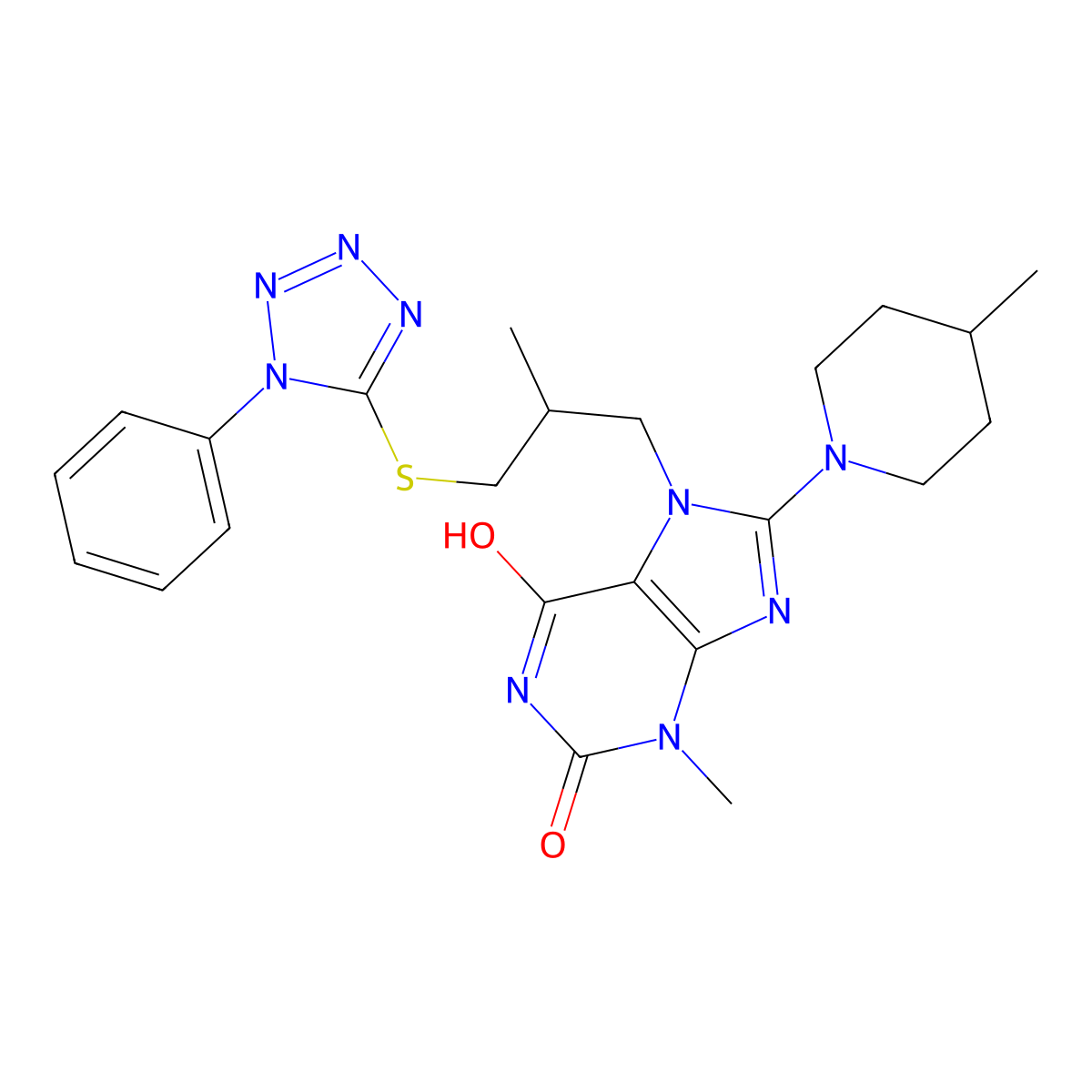 3-Methyl-7-[2-methyl-3-(1-phenyl-1H-tetrazol-5-ylsulfanyl)-propyl]-8-(4-methyl-piperidin-1-yl)-3,7-dihydro-purine-2,6-dione molecular structure, CAS 714225-43-1