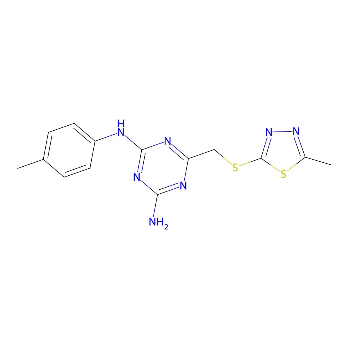 6-(5-Methyl-[1,3,4]thiadiazol-2-ylsulfanylmethyl)-N-p-tolyl-[1,3,5]triazine-2,4-diamine molecular structure, CAS 714226-83-2