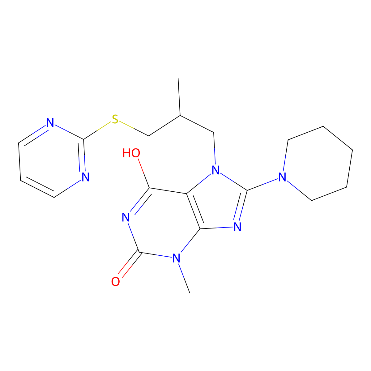 3-Methyl-7-(2-methyl-3-pyrimidin-2-ylsulfanylpropyl)-8-piperidin-1-ylpurine-2,6-dione molecular structure, CAS 714232-10-7