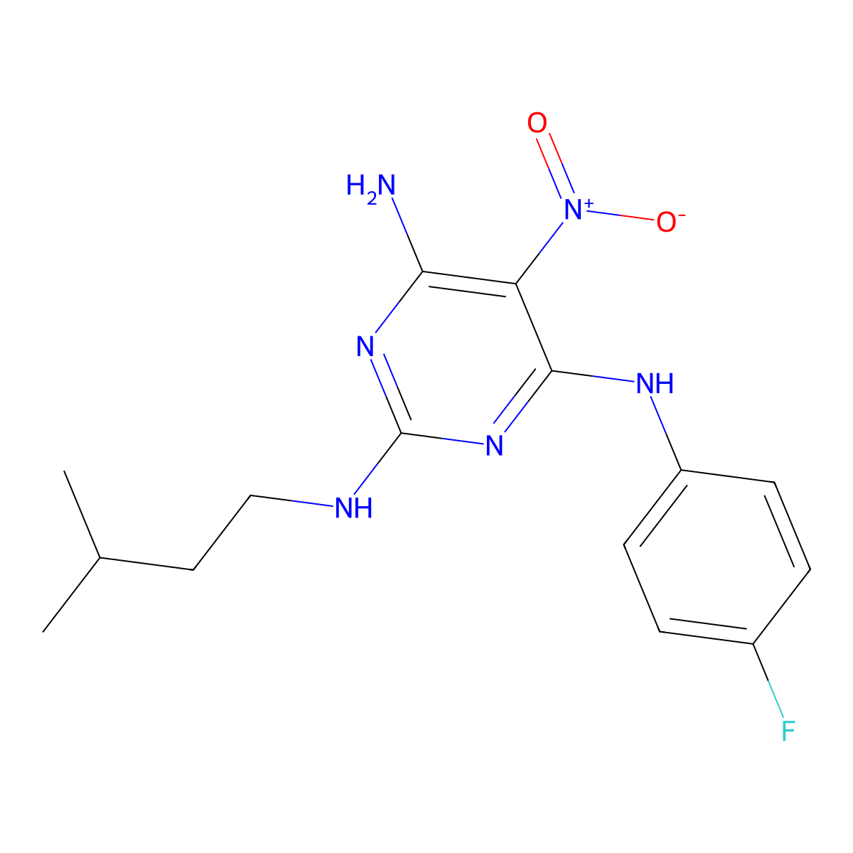 {6-Amino-2-[(3-methylbutyl)amino]-5-nitropyrimidin-4-yl}(4-fluorophenyl)amine molecular structure, CAS 714233-45-1