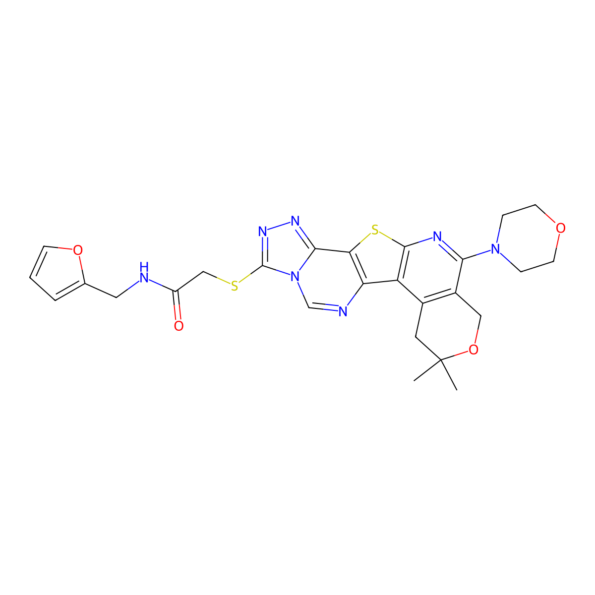 2-((8,8-dimethyl-11-morpholino-8,10-dihydro-7H-pyrano[4'',3'':4',5']pyrido[3',2':4,5]thieno[2,3-e][1,2,4]triazolo[4,3-c]pyrimidin-3-yl)thio)-N-(furan-2-ylmethyl)acetamide molecular structure, CAS 714233-51-9