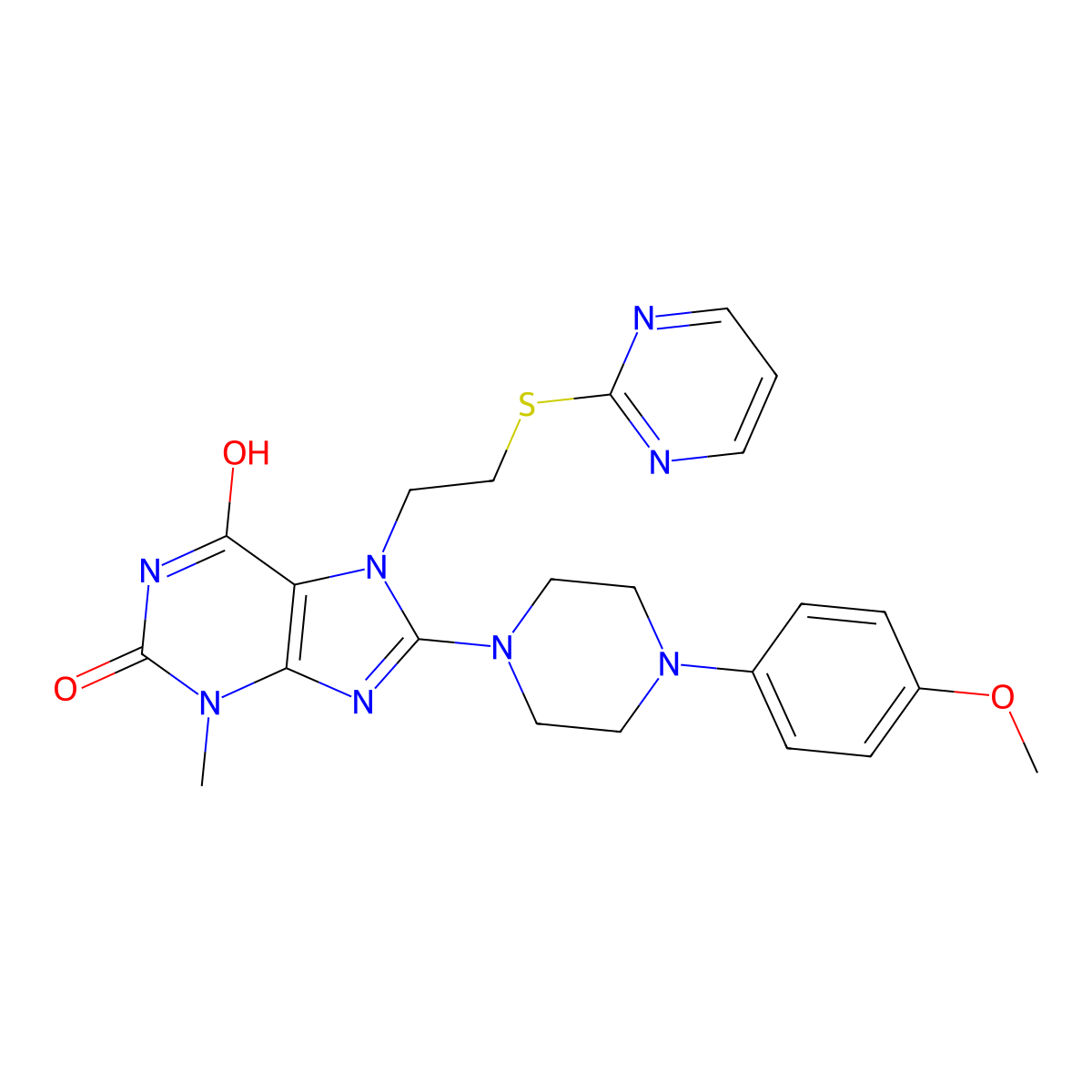 8-(4-(4-methoxyphenyl)piperazin-1-yl)-3-methyl-7-(2-(pyrimidin-2-ylthio)ethyl)-1H-purine-2,6(3H,7H)-dione molecular structure, CAS 714234-35-2