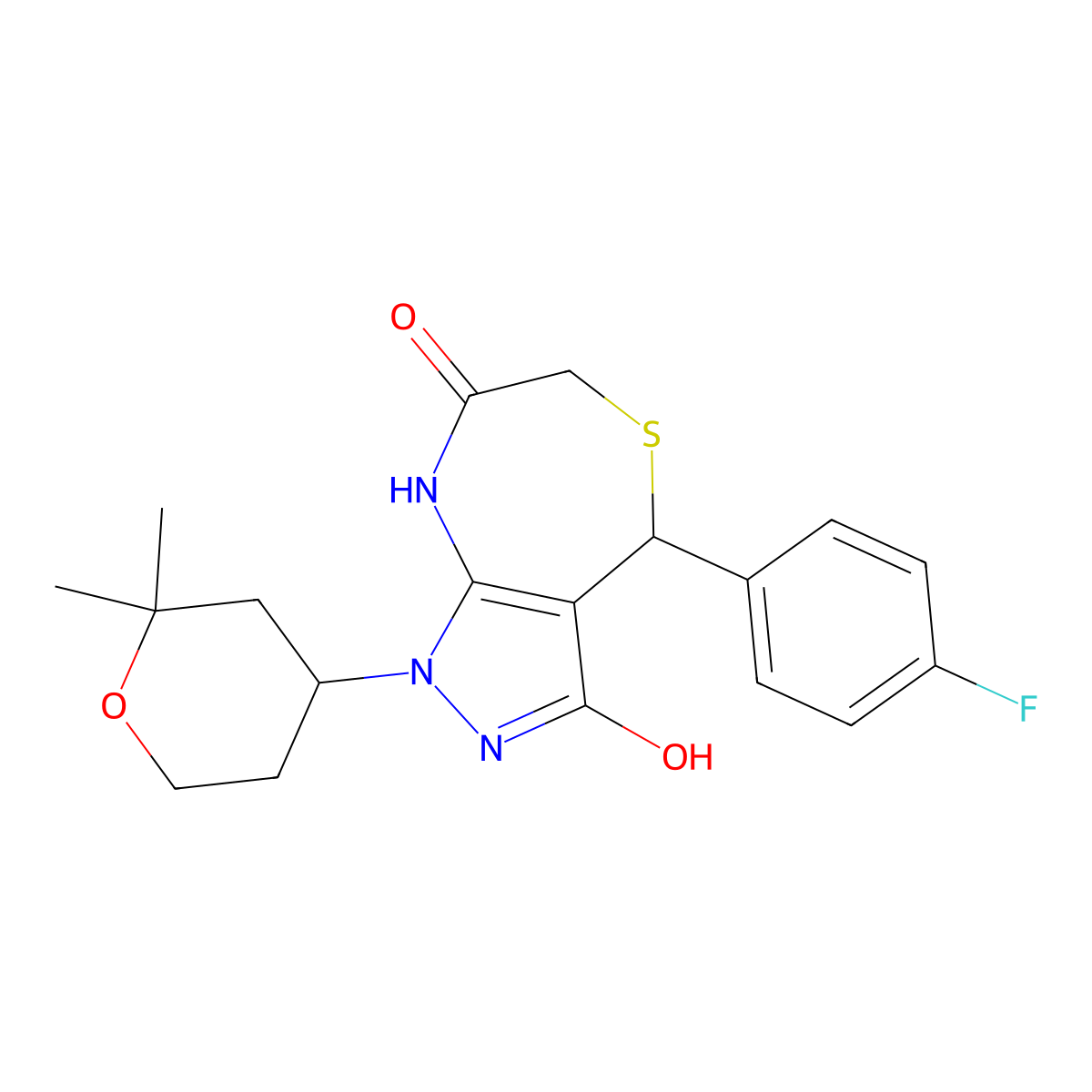 1-(2,2-dimethyloxan-4-yl)-4-(4-fluorophenyl)-4,8-dihydro-2H-pyrazolo[3,4-e][1,4]thiazepine-3,7-dione molecular structure, CAS 714241-20-0