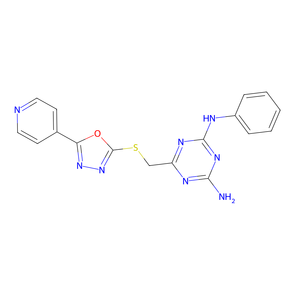 N-phenyl-6-({[5-(pyridin-4-yl)-1,3,4-oxadiazol-2-yl]sulfanyl}methyl)-1,3,5-triazine-2,4-diamine molecular structure, CAS 714242-28-1