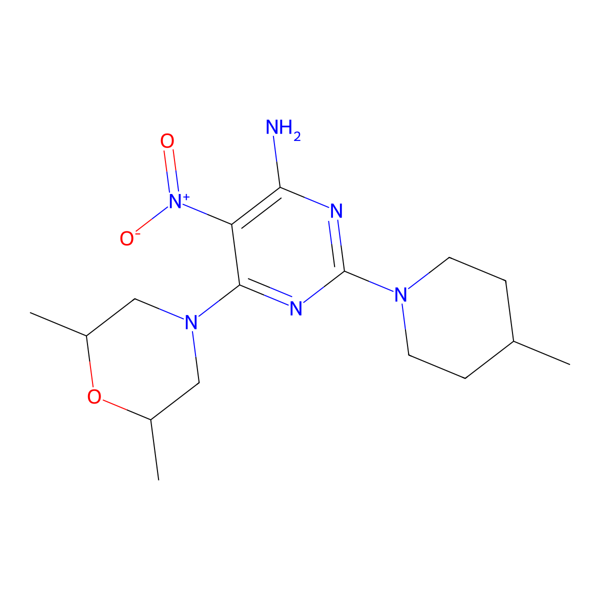 6-(2,6-Dimethylmorpholin-4-yl)-2-(4-methylpiperidin-1-yl)-5-nitropyrimidin-4-amine molecular structure, CAS 714244-06-1