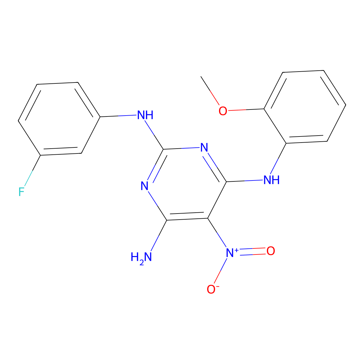N2-(3-fluorophenyl)-N4-(2-methoxyphenyl)-5-nitropyrimidine-2,4,6-triamine molecular structure, CAS 714244-12-9