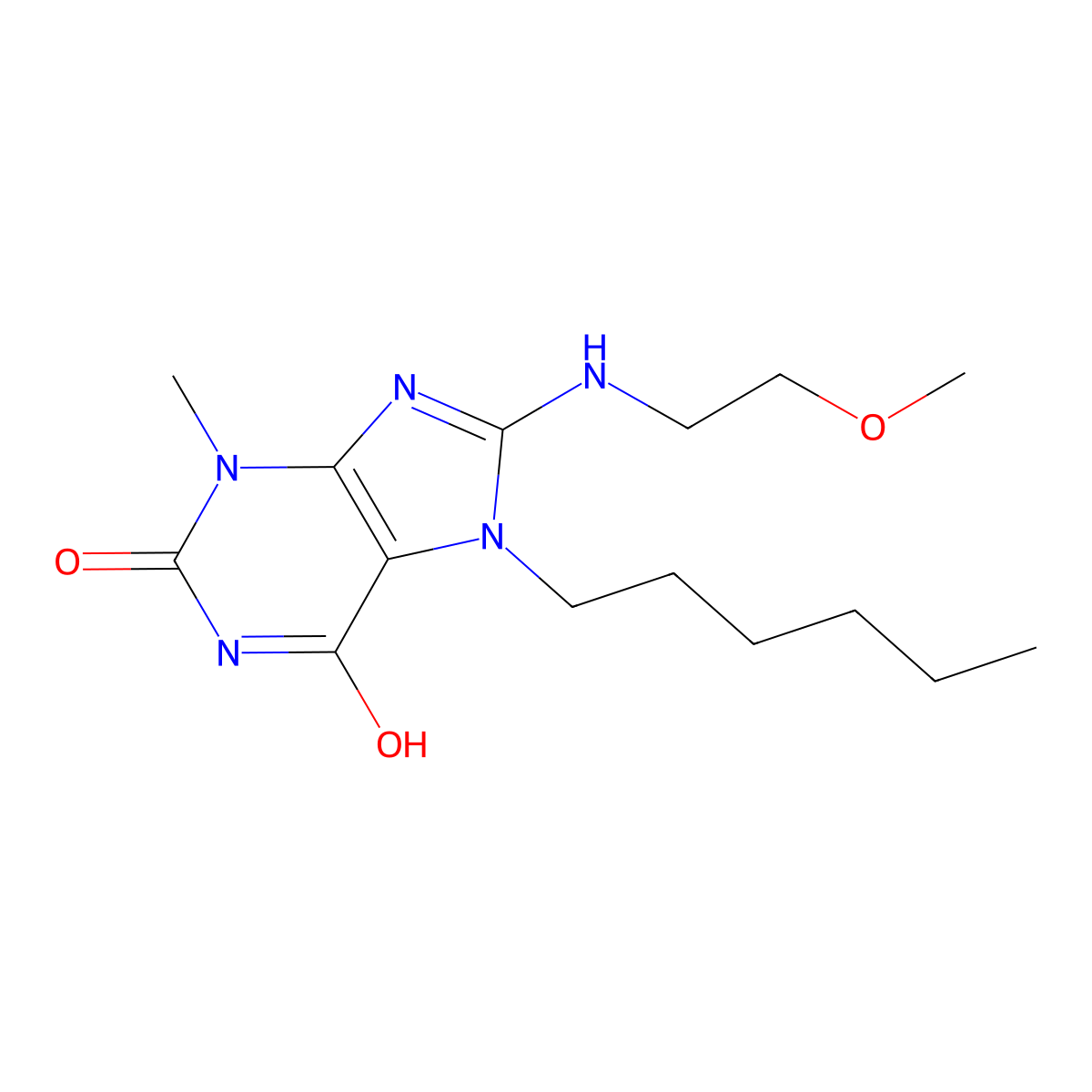 7-hexyl-8-((2-methoxyethyl)amino)-3-methyl-1H-purine-2,6(3H,7H)-dione molecular structure, CAS 714246-51-2