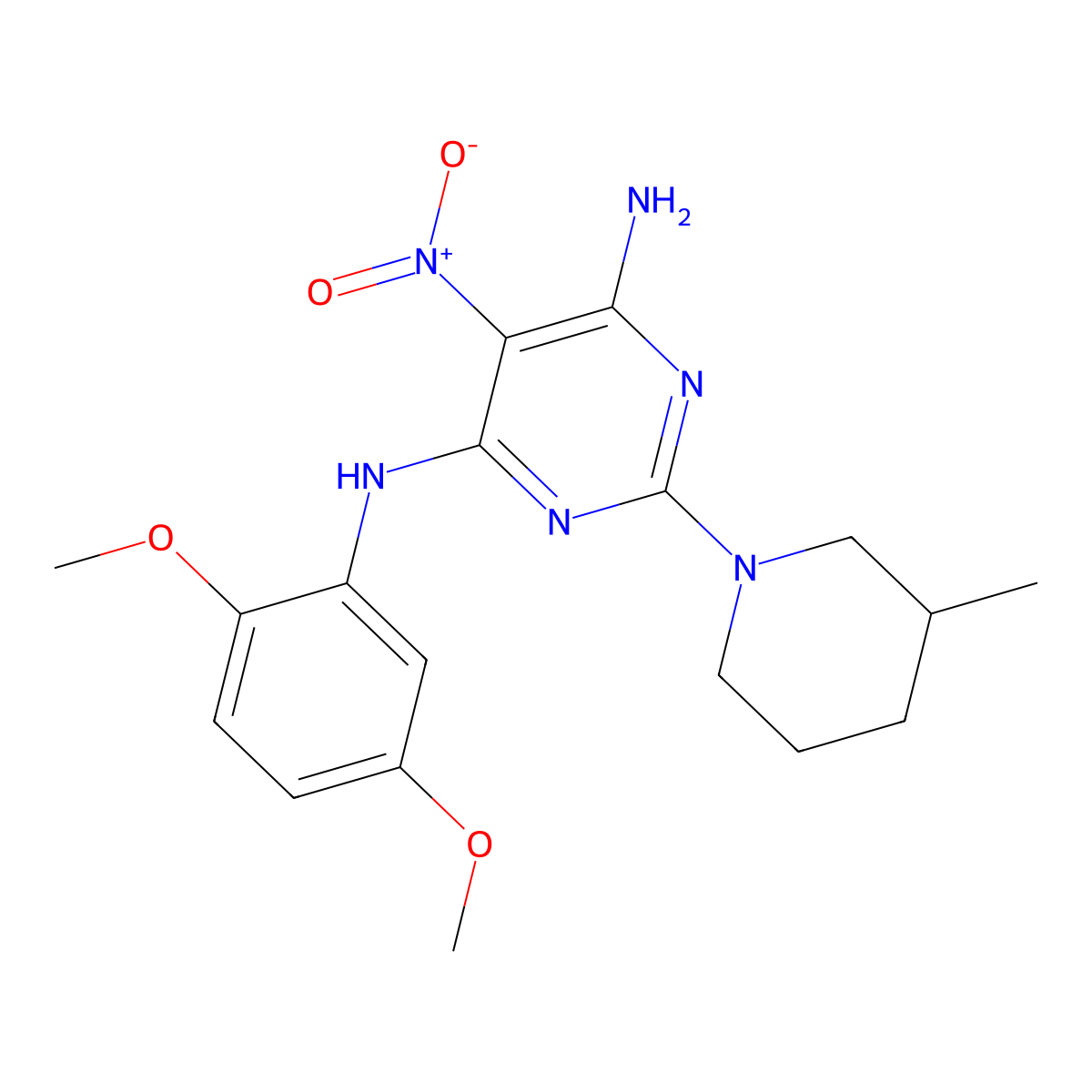 N4-(2,5-dimethoxyphenyl)-2-(3-methylpiperidin-1-yl)-5-nitropyrimidine-4,6-diamine molecular structure, CAS 714255-71-7