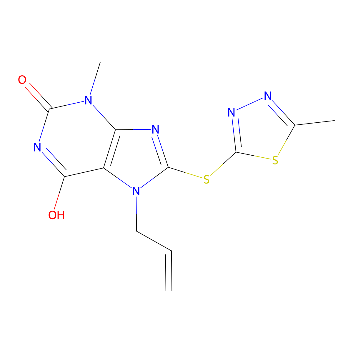 7-allyl-3-methyl-8-((5-methyl-1,3,4-thiadiazol-2-yl)thio)-1H-purine-2,6(3H,7H)-dione molecular structure, CAS 714256-61-8