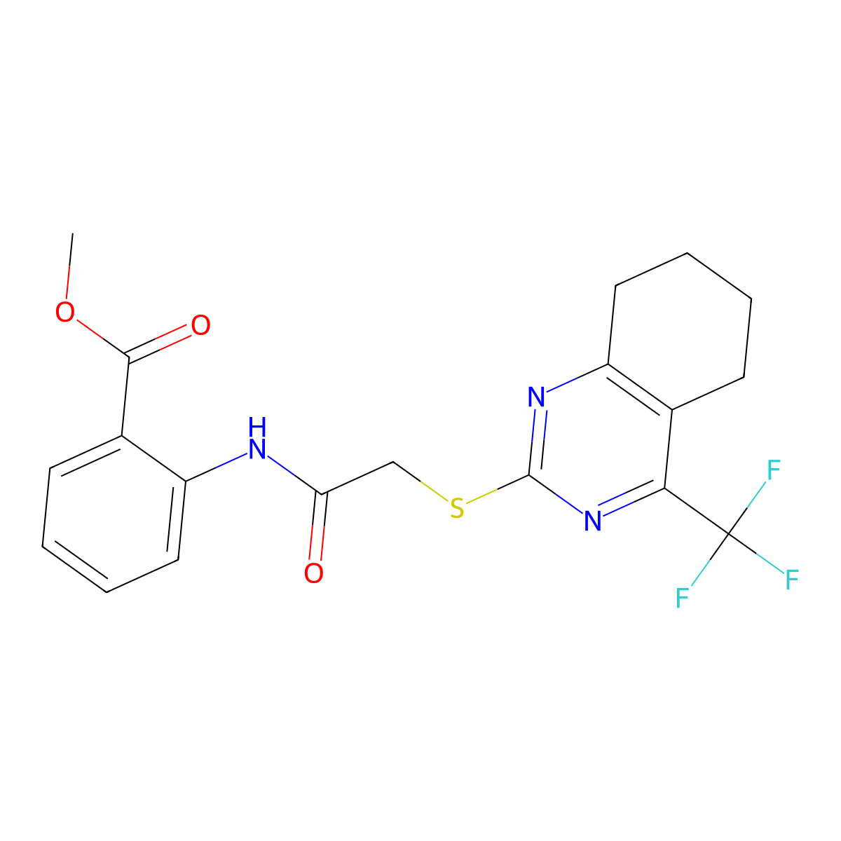 Methyl 2-[({[4-(trifluoromethyl)-5,6,7,8-tetrahydro-2-quinazolinyl]sulfanyl}acetyl)amino]benzoate molecular structure, CAS 714260-56-7