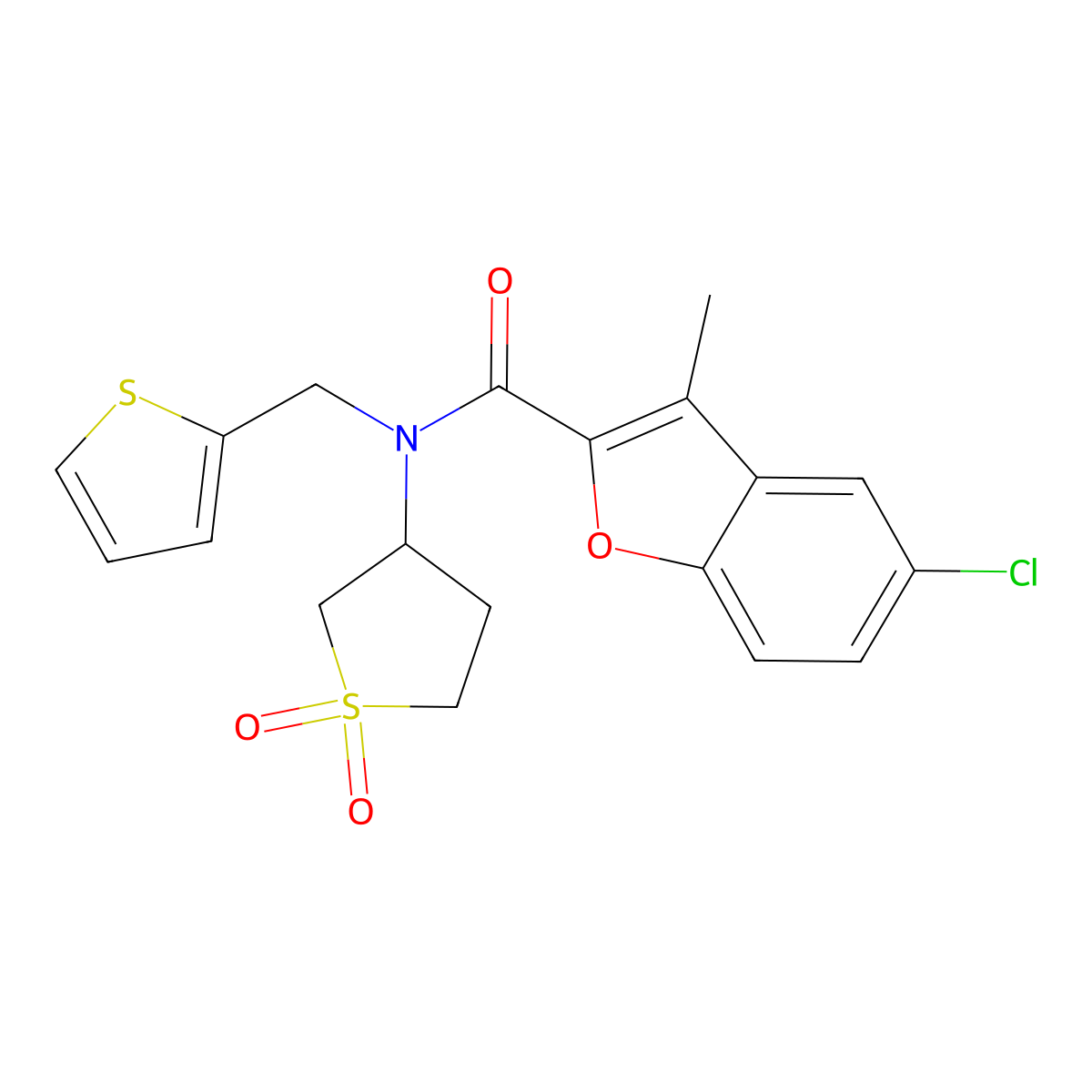 5-chloro-N-(1,1-dioxidotetrahydrothiophen-3-yl)-3-methyl-N-(thiophen-2-ylmethyl)-1-benzofuran-2-carboxamide molecular structure, CAS 714261-90-2