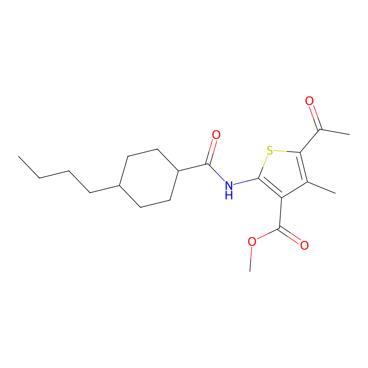 Methyl 5-acetyl-2-[(4-butylcyclohexanecarbonyl)amino]-4-methylthiophene-3-carboxylate molecular structure, CAS 714262-20-1
