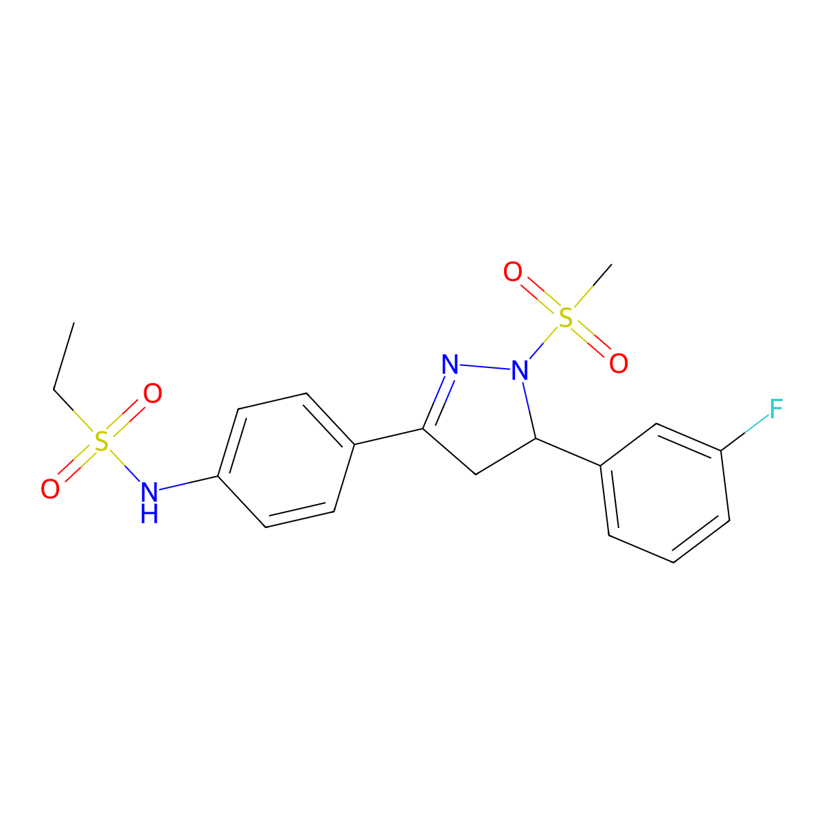 N-(4-(5-(3-fluorophenyl)-1-(methylsulfonyl)-4,5-dihydro-1H-pyrazol-3-yl)phenyl)ethanesulfonamide molecular structure, CAS 714263-27-1