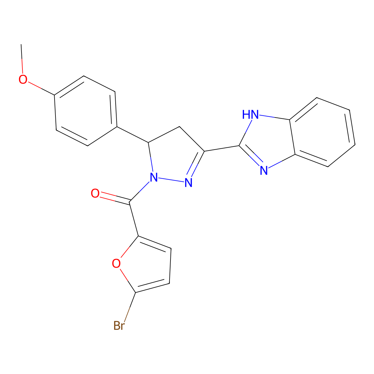 (3-(1H-benzo[d]imidazol-2-yl)-5-(4-methoxyphenyl)-4,5-dihydro-1H-pyrazol-1-yl)(5-bromofuran-2-yl)methanone molecular structure, CAS 714263-32-8
