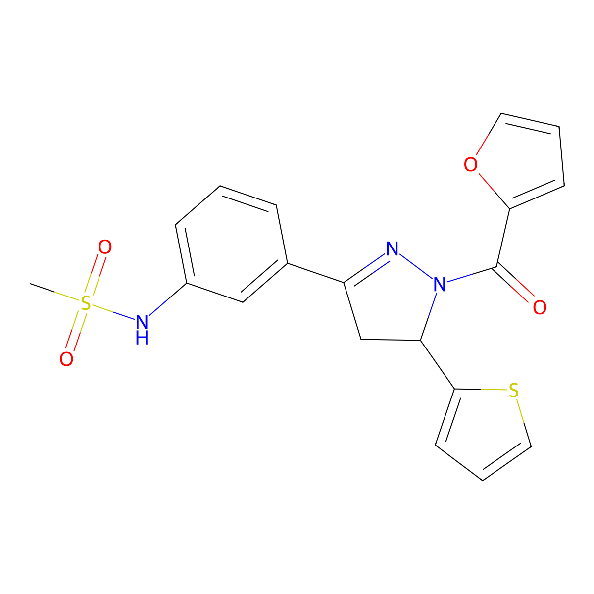 N-{3-[1-(furan-2-carbonyl)-5-(thiophen-2-yl)-4,5-dihydro-1H-pyrazol-3-yl]phenyl}methanesulfonamide molecular structure, CAS 714263-36-2