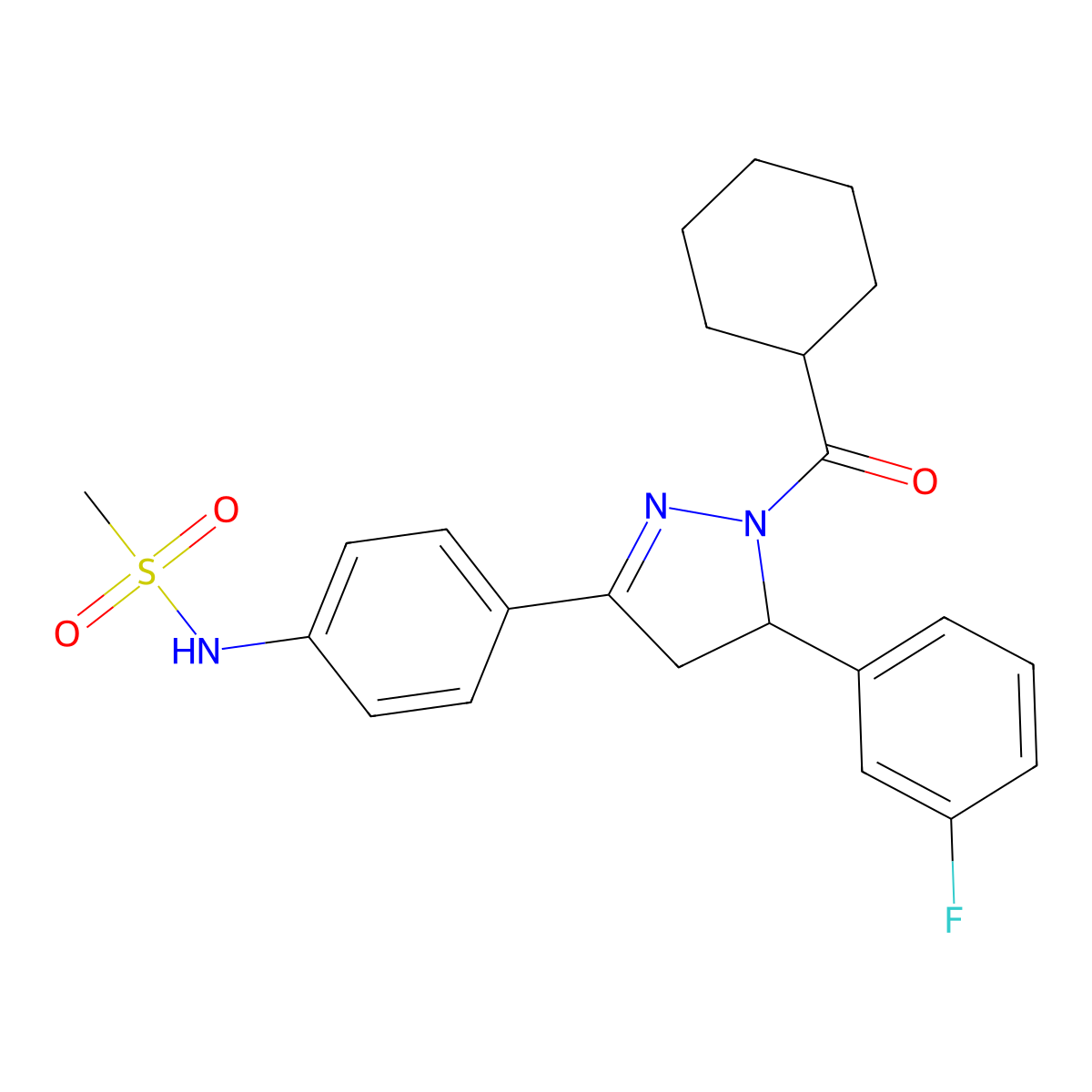 N-{4-[1-cyclohexanecarbonyl-5-(3-fluorophenyl)-4,5-dihydro-1H-pyrazol-3-yl]phenyl}methanesulfonamide molecular structure, CAS 714263-37-3