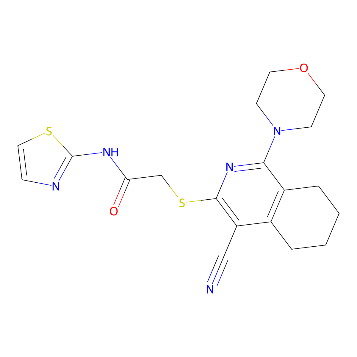 2-[(4-cyano-1-morpholin-4-yl-5,6,7,8-tetrahydroisoquinolin-3-yl)sulfanyl]-N-(1,3-thiazol-2-yl)acetamide molecular structure, CAS 714278-34-9