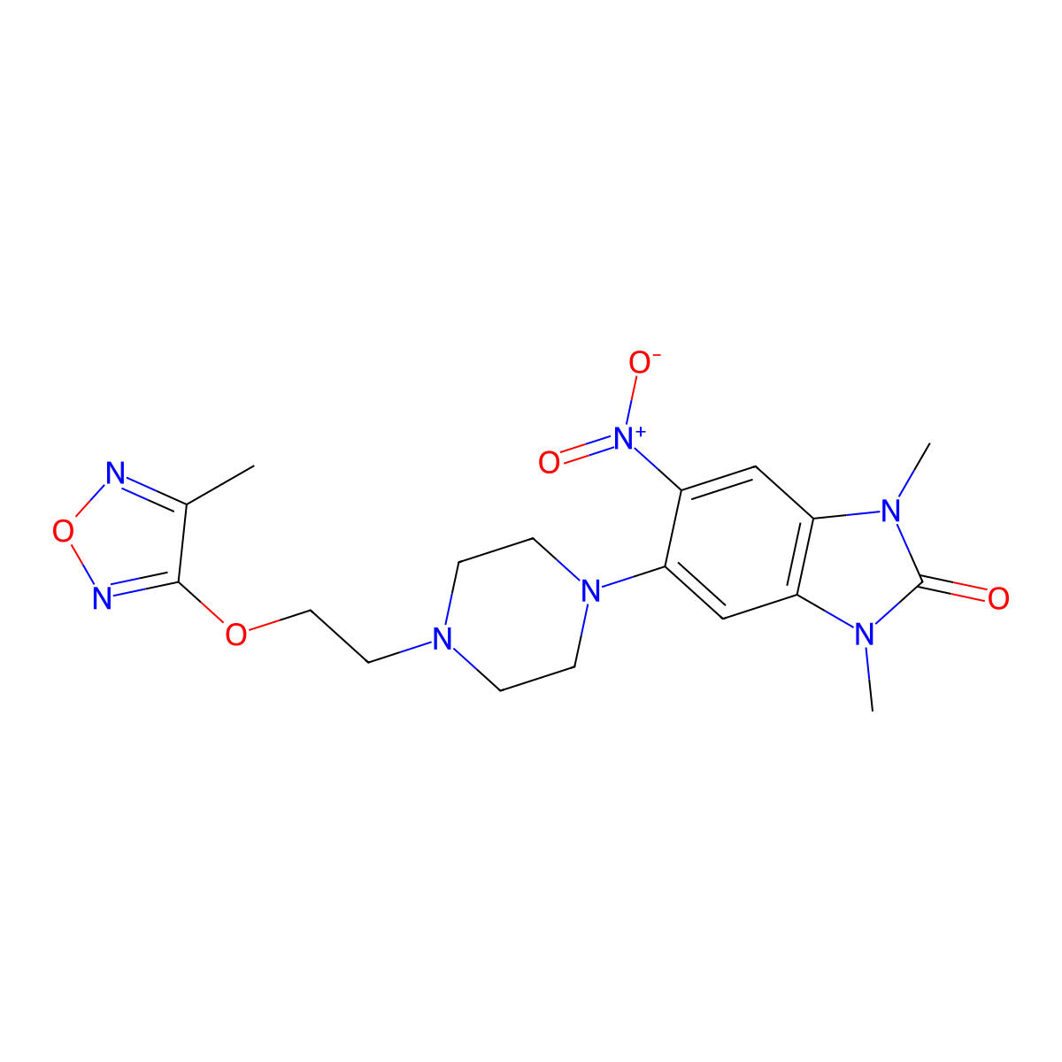 1,3-Dimethyl-5-[4-[2-[(4-methyl-1,2,5-oxadiazol-3-yl)oxy]ethyl]piperazin-1-yl]-6-nitrobenzimidazol-2-one molecular structure, CAS 714279-29-5