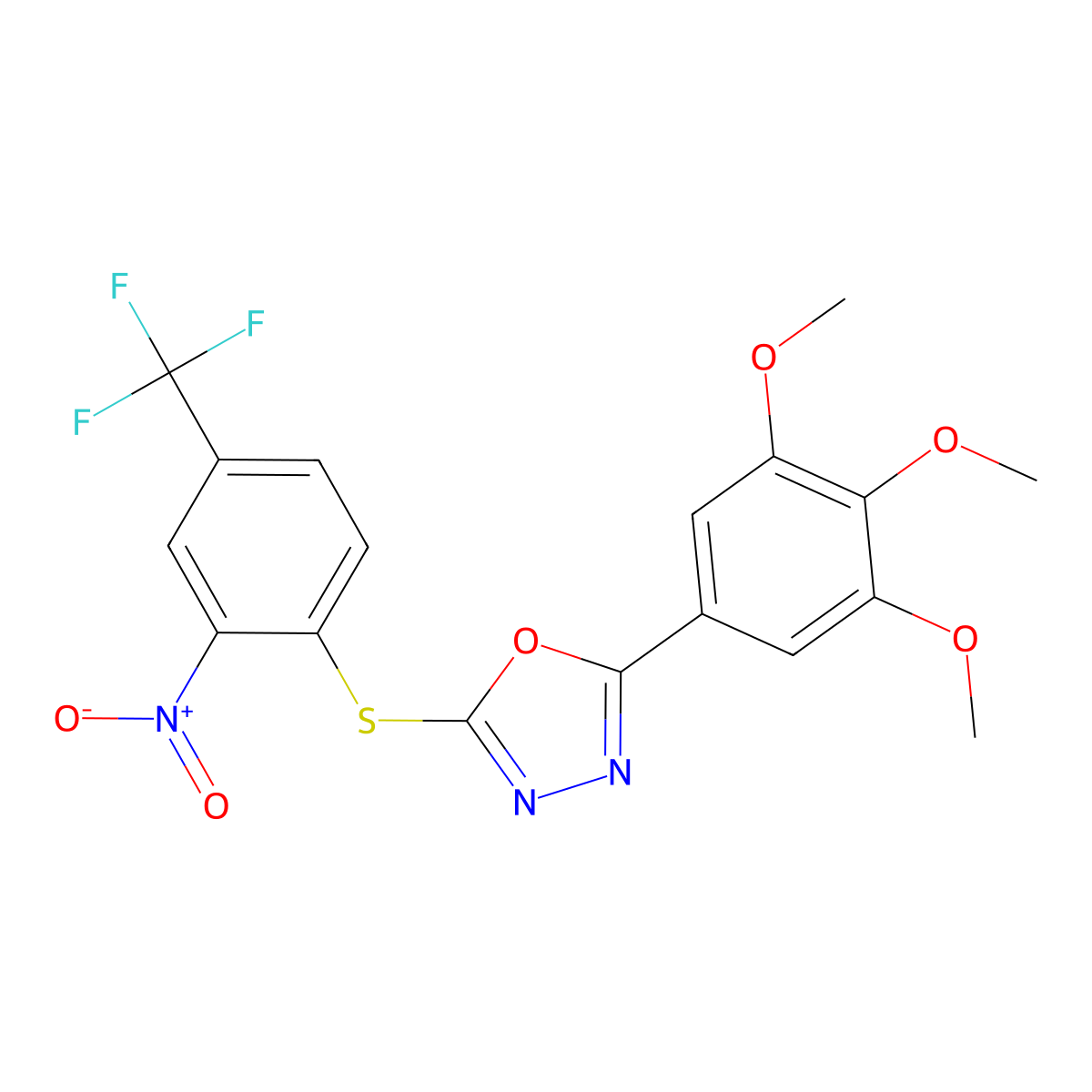 2-[2-Nitro-4-(trifluoromethyl)phenyl]sulfanyl-5-(3,4,5-trimethoxyphenyl)-1,3,4-oxadiazole molecular structure, CAS 714279-33-1