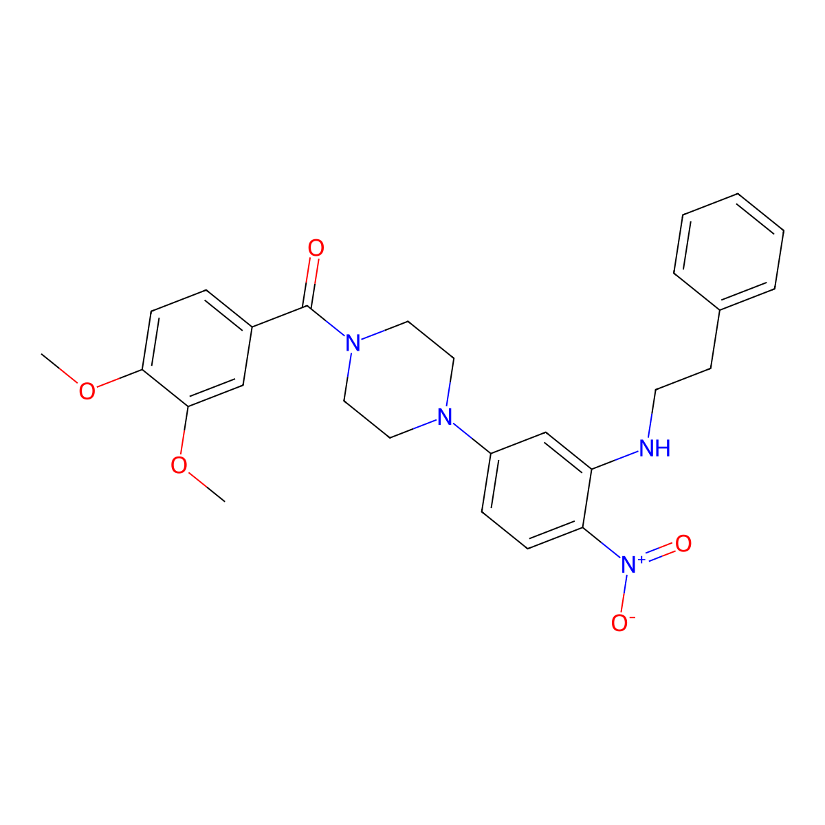 (3,4-Dimethoxyphenyl)(4-{4-nitro-3-[(2-phenylethyl)amino]phenyl}piperazin-1-yl)methanone molecular structure, CAS 714279-36-4