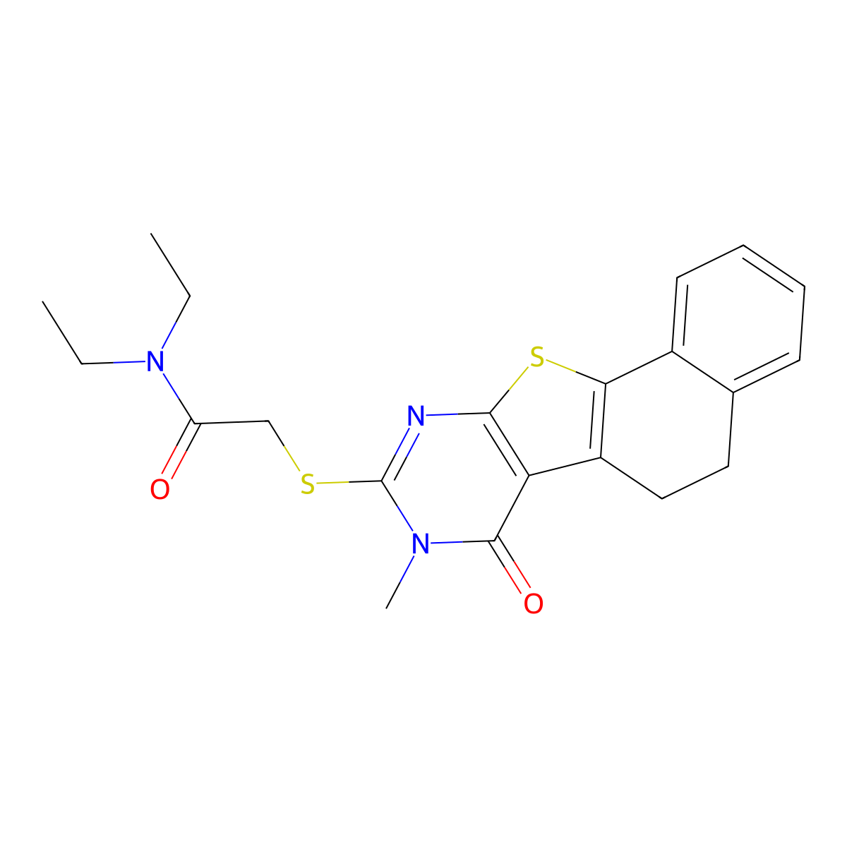 N,N-diethyl-2-((8-methyl-7-oxo-5,6,7,8-tetrahydronaphtho[2',1':4,5]thieno[2,3-d]pyrimidin-9-yl)thio)acetamide molecular structure, CAS 714280-65-6
