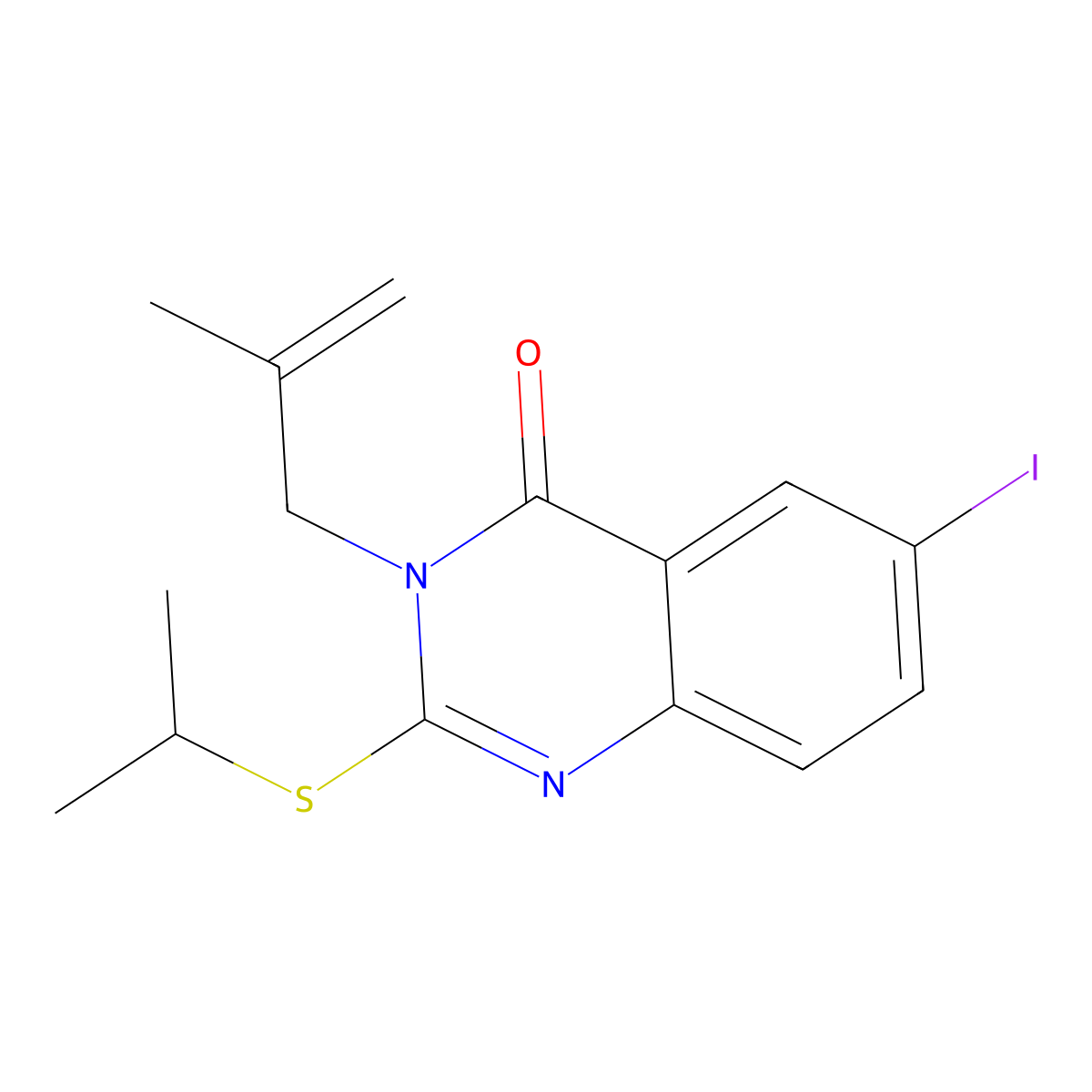 6-Iodo-3-(2-methylprop-2-enyl)-2-propan-2-ylsulfanylquinazolin-4-one molecular structure, CAS 714280-67-8