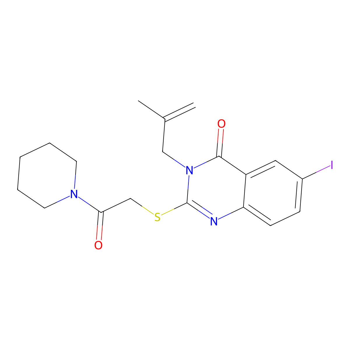 6-Iodo-3-(2-methylprop-2-enyl)-2-(2-oxo-2-piperidin-1-ylethyl)sulfanylquinazolin-4-one molecular structure, CAS 714280-74-7