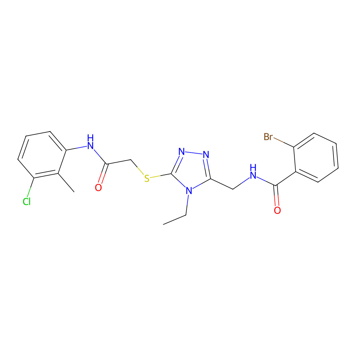 2-bromo-N-[[5-[2-(3-chloro-2-methylanilino)-2-oxoethyl]sulfanyl-4-ethyl-1,2,4-triazol-3-yl]methyl]benzamide molecular structure, CAS 714281-41-1