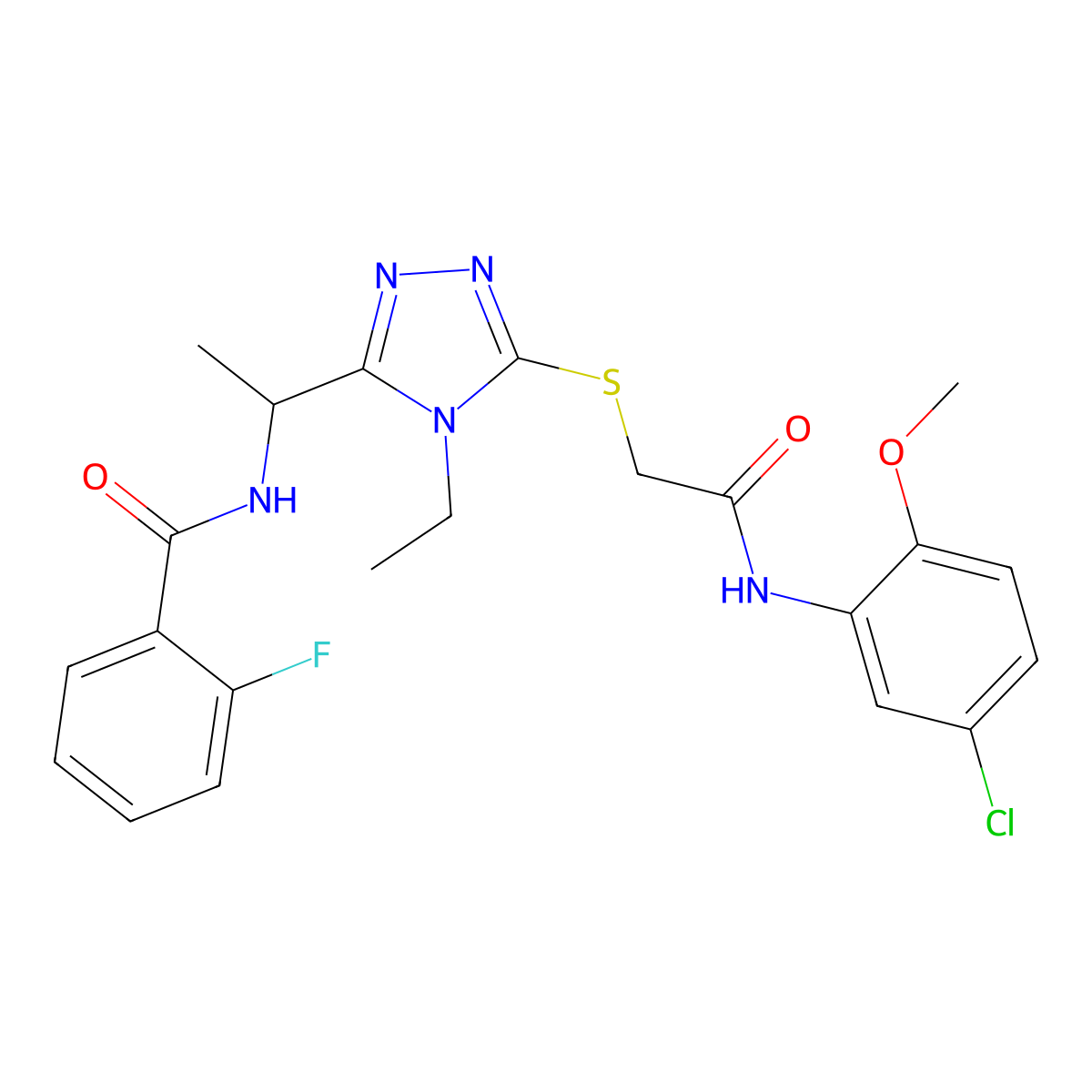 N-{1-[5-({2-[(5-chloro-2-methoxyphenyl)amino]-2-oxoethyl}sulfanyl)-4-ethyl-4H-1,2,4-triazol-3-yl]ethyl}-2-fluorobenzamide molecular structure, CAS 714281-47-7