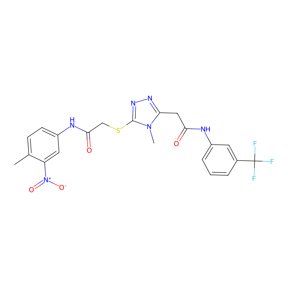 2-[4-methyl-5-[2-(4-methyl-3-nitroanilino)-2-oxoethyl]sulfanyl-1,2,4-triazol-3-yl]-N-[3-(trifluoromethyl)phenyl]acetamide molecular structure, CAS 714281-69-3