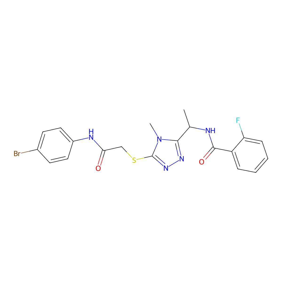 N-{1-[5-({2-[(4-bromophenyl)amino]-2-oxoethyl}sulfanyl)-4-methyl-4H-1,2,4-triazol-3-yl]ethyl}-2-fluorobenzamide molecular structure, CAS 714281-81-9