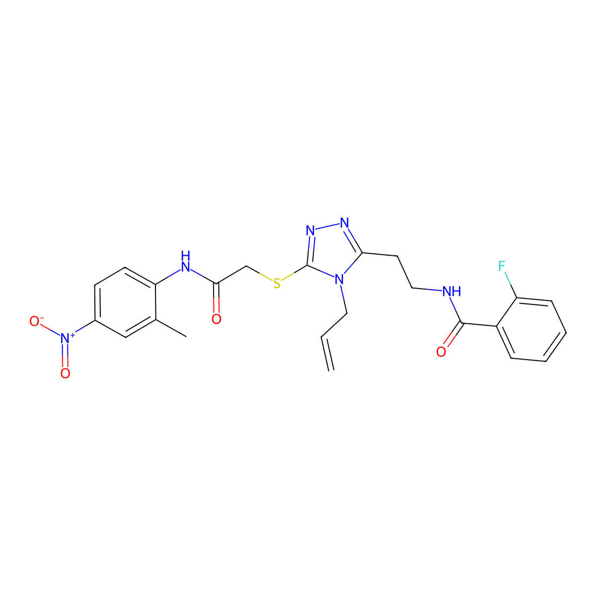 2-fluoro-N-[2-[5-[2-(2-methyl-4-nitroanilino)-2-oxoethyl]sulfanyl-4-prop-2-enyl-1,2,4-triazol-3-yl]ethyl]benzamide molecular structure, CAS 714281-86-4