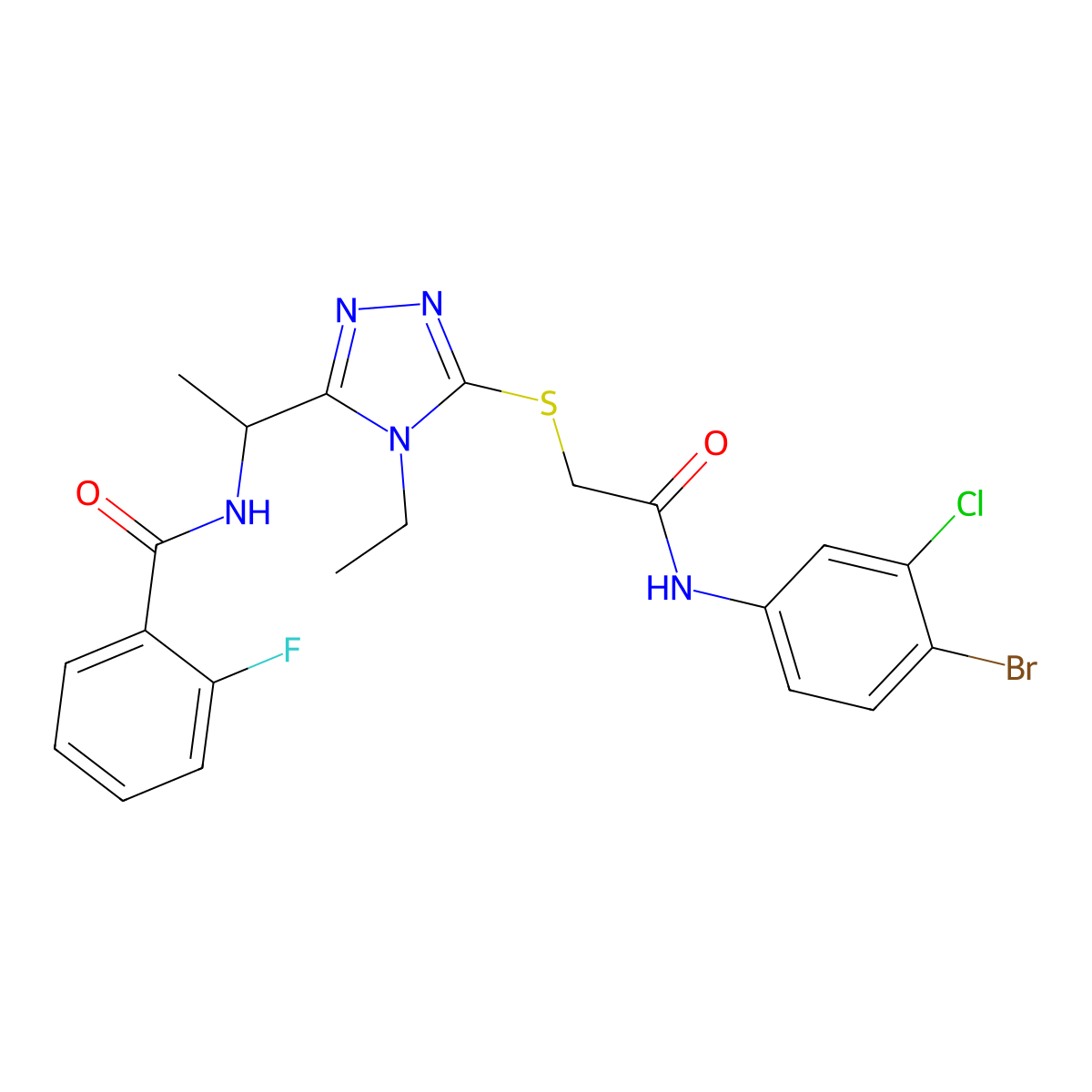 N-[1-[5-[2-(4-bromo-3-chloroanilino)-2-oxoethyl]sulfanyl-4-ethyl-1,2,4-triazol-3-yl]ethyl]-2-fluorobenzamide molecular structure, CAS 714281-91-1