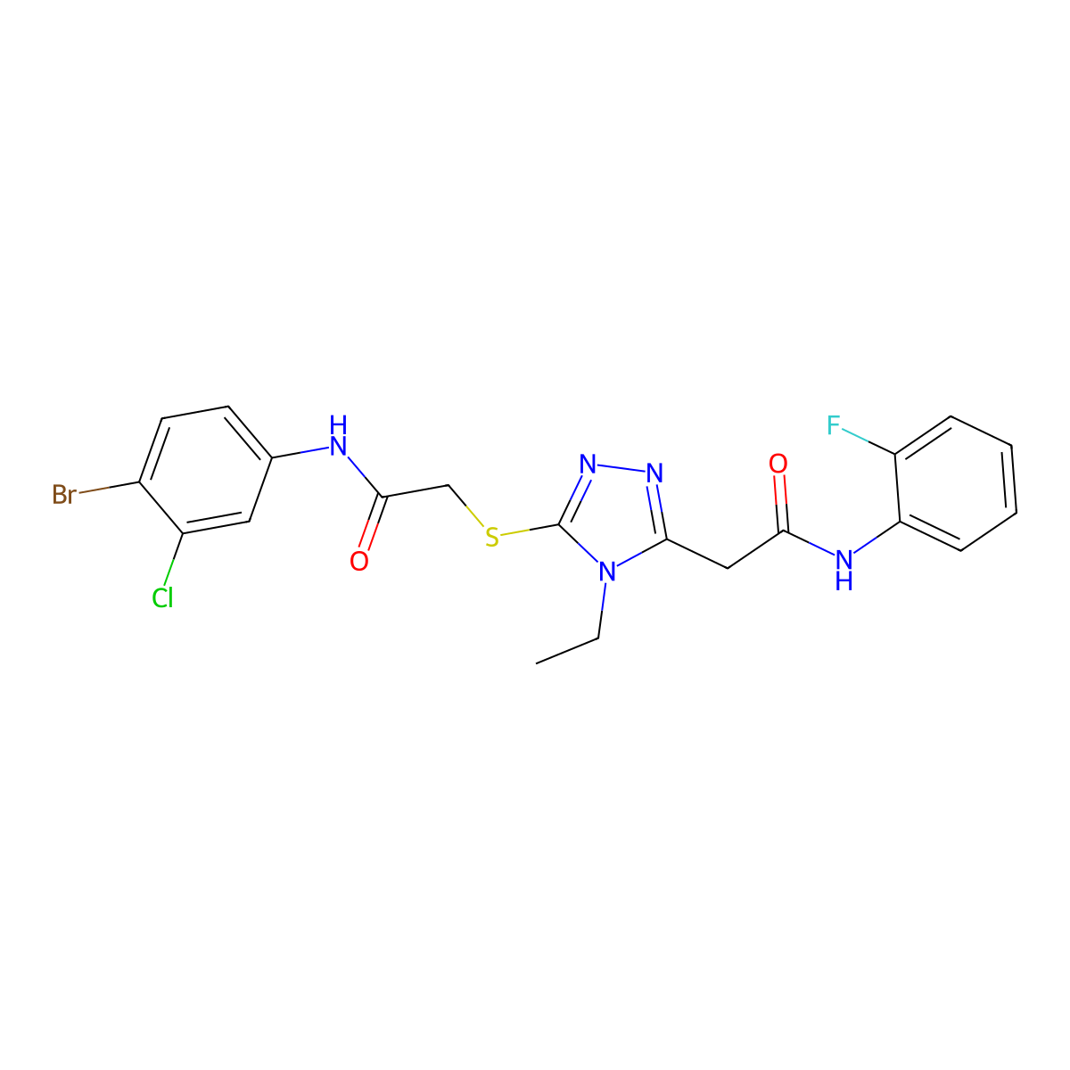 2-[5-[2-(4-bromo-3-chloroanilino)-2-oxoethyl]sulfanyl-4-ethyl-1,2,4-triazol-3-yl]-N-(2-fluorophenyl)acetamide molecular structure, CAS 714281-94-4