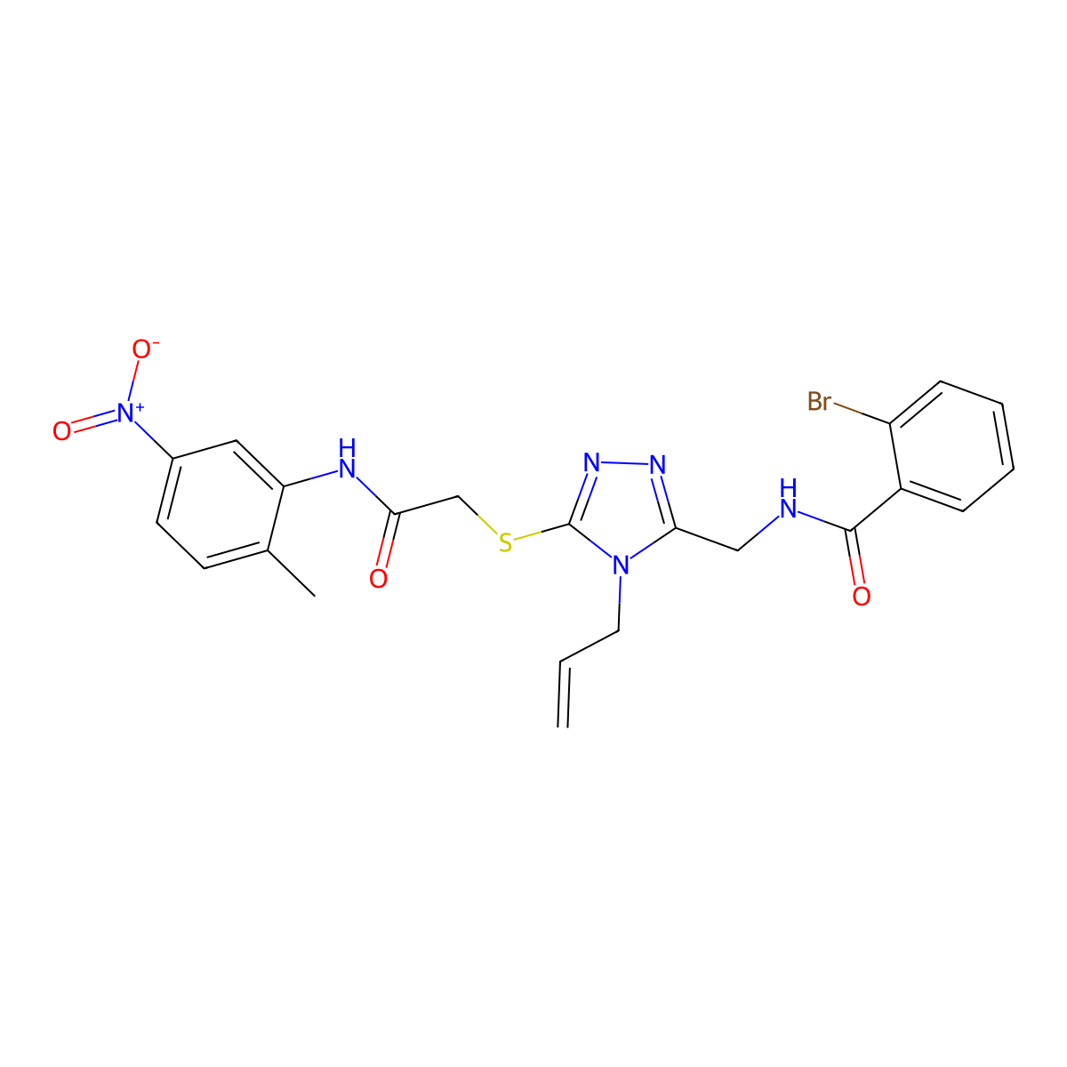 2-bromo-N-[[5-[2-(2-methyl-5-nitroanilino)-2-oxoethyl]sulfanyl-4-prop-2-enyl-1,2,4-triazol-3-yl]methyl]benzamide molecular structure, CAS 714282-01-6