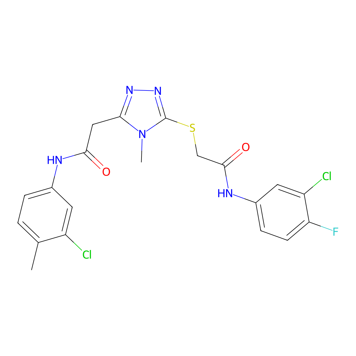 2-[5-[2-(3-chloro-4-fluoroanilino)-2-oxoethyl]sulfanyl-4-methyl-1,2,4-triazol-3-yl]-N-(3-chloro-4-methylphenyl)acetamide molecular structure, CAS 714282-03-8
