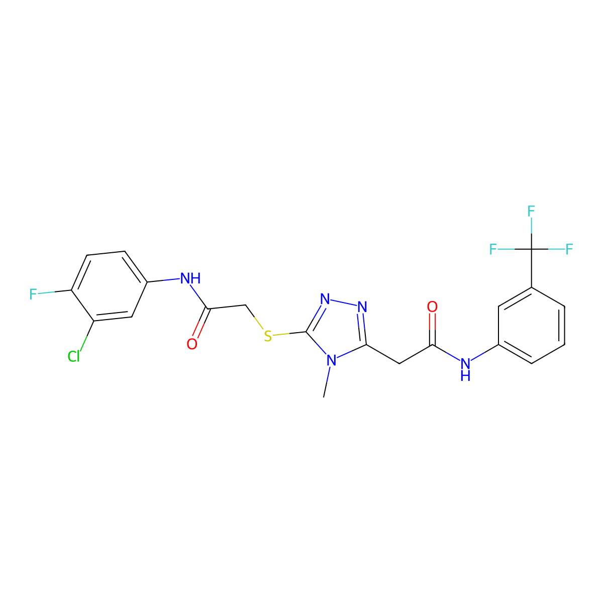 2-[5-[2-(3-chloro-4-fluoroanilino)-2-oxoethyl]sulfanyl-4-methyl-1,2,4-triazol-3-yl]-N-[3-(trifluoromethyl)phenyl]acetamide molecular structure, CAS 714282-07-2